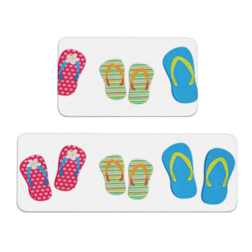 YQxwJL Flip-Flops Kalligraphie-Strandschuh-Druck, Küchenmatte, 2-teiliges Küchenteppich-Set, rutschfest, wasserdicht, Küche, Bodenmatte, für Flur, Büro