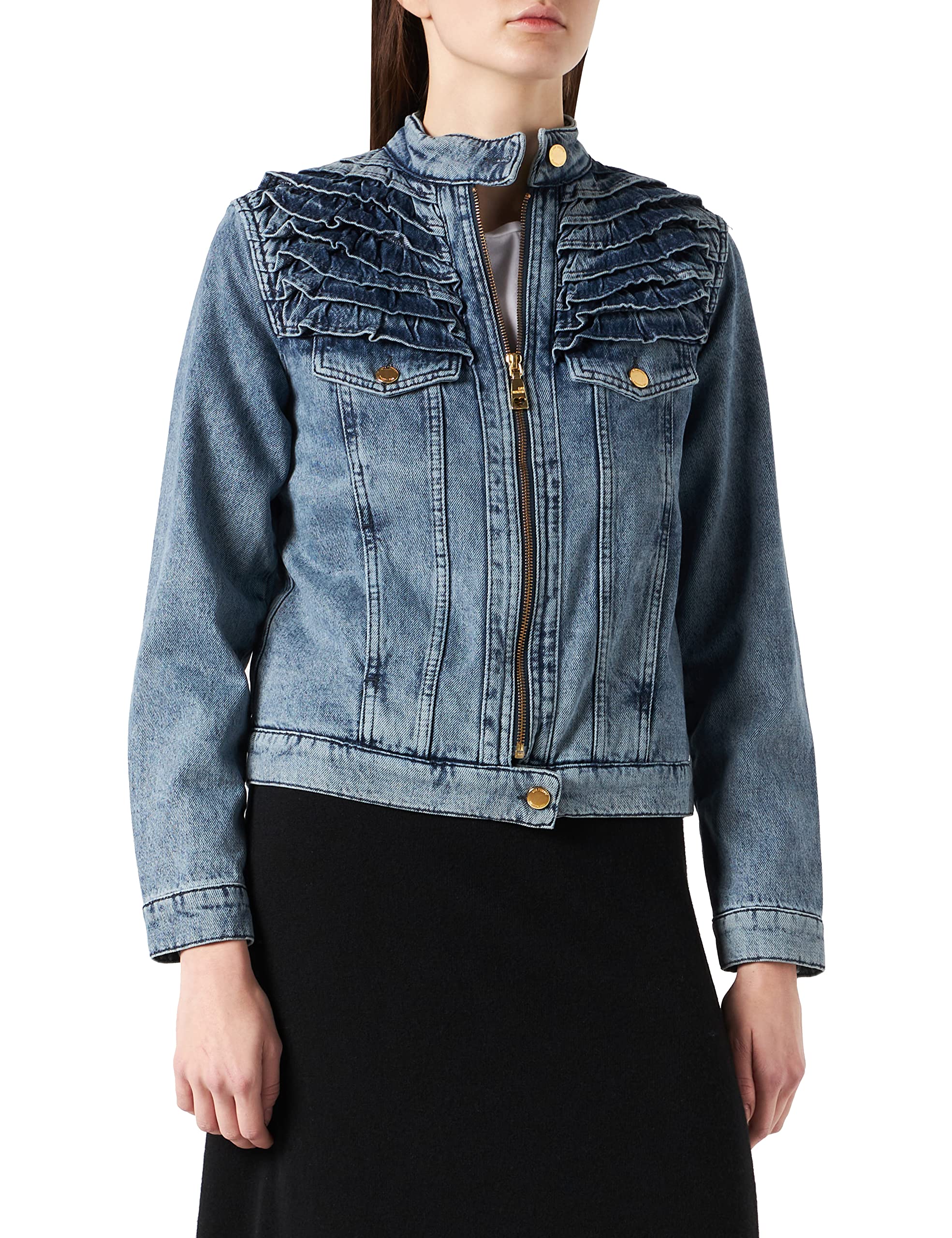 Love Moschino Womens 100% Cotton Denim Biker with Quilted Lining and Front rocuhes Jacket, ZZCM0115, 42