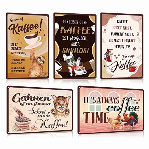 5er Set Vintage Blechschild Kaffee mit Lustiger Spruch- Retro Metallschild mit Tiere - Cafe Wand-schild Poster Geschenk für Küche Coffee-Bar 20x30cm