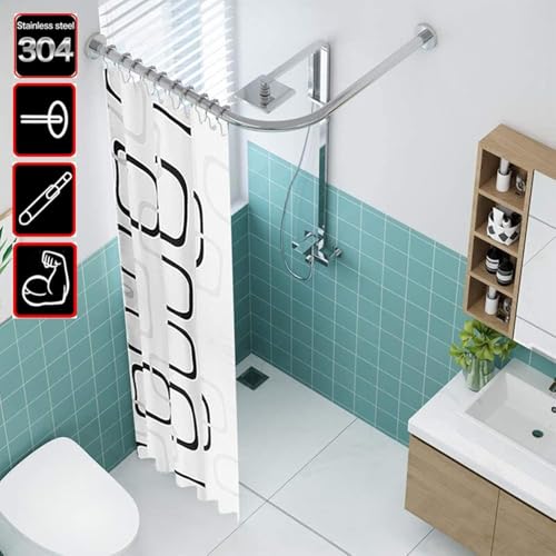 TT L-förmige ausziehbare Duschvorhangstange, gebogen, kein Bohren, Teleskop-Vorhangstange für die Badewanne, Badezimmer-Vorhangstange aus Edelstahl, 100% rostfrei, 70–95 x 70–95 cm, Silber,