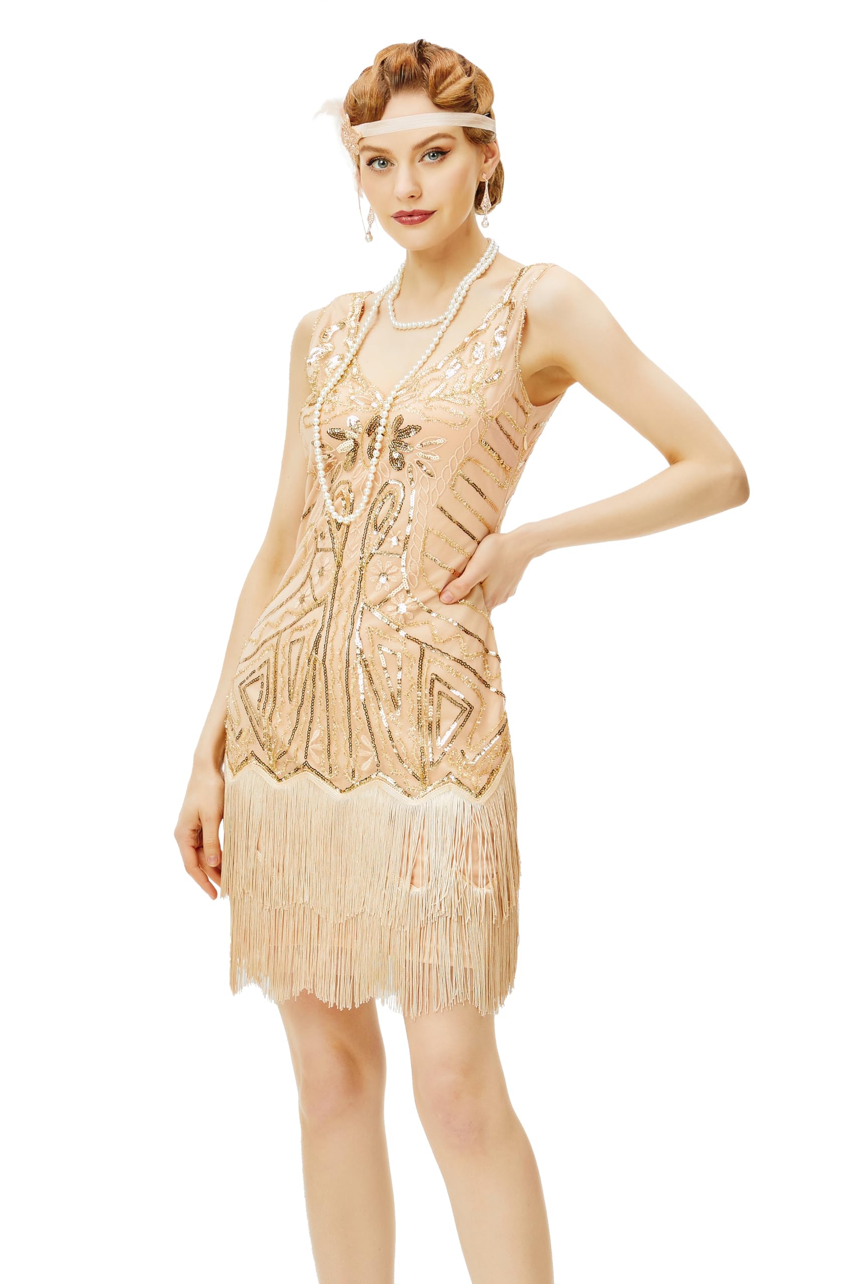 BABEYOND Damen Flapper Kleider der 1920er Jahre mit V-Ausschnitt Perlen ges umt Great Gatsby Kleid Mittel Champagner Gold