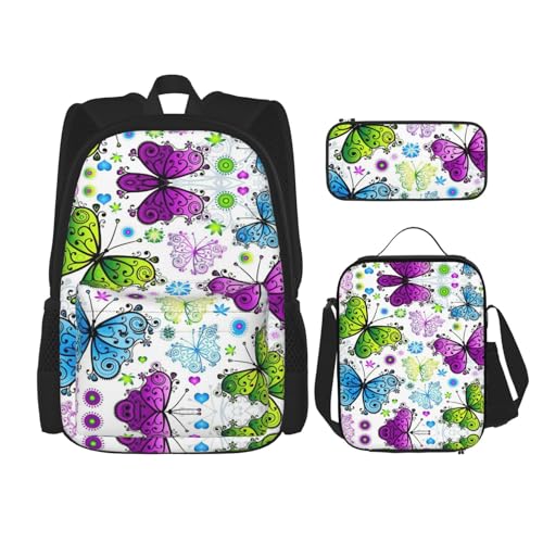 WURTON Frühlingsbunter Schmetterlings-Druck, verstellbare Schultergurte, Rucksack-Set, Lunch-Tasche, Federmäppchen, Kombinationstaschen-Set