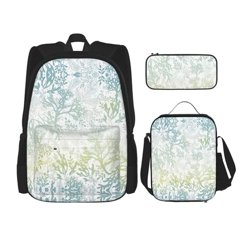 WURTON Grünes Meeresblaues Rucksack-Set mit Meeresalgen-Druck, Schultasche mit Lunchtasche, Federmäppchen, Kombinations-Schultaschen-Set