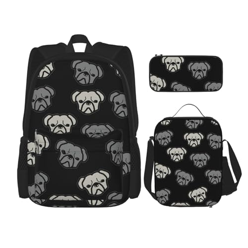 WURTON Rucksack mit amerikanischer Bulldogge, 3-in-1, Büchertaschen-Set, Lunchbox, Federmäppchen, Reise-Laptop-Tagesrucksäcke, Schwarz, Einheitsgröße