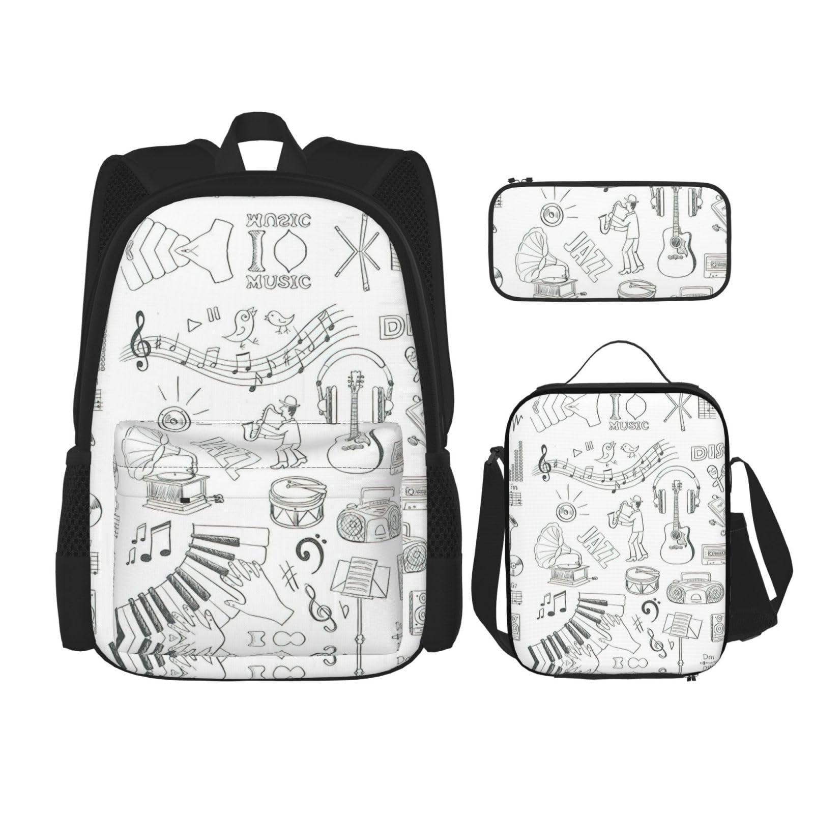 WURTON Rucksack mit Aufschrift "Instruments Performers Notes And Little Birds" bedruckt, trendiger Rucksack, Lunchbox, Federmäppchen, 3-in-1, verstellbares Rucksack-Set, Schwarz , Einheitsgröße