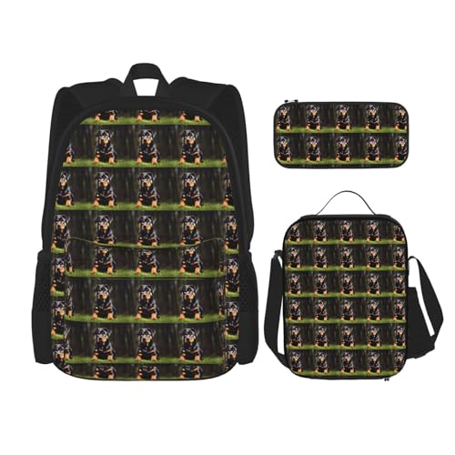 WURTON Rottweiler Tapetendruck Reise Lunchbox Federmäppchen Rucksack Set 3 Stück Verstellbare Träger Leicht