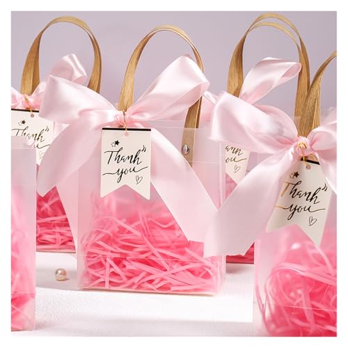 Dankeschön Geschenktüten 10 Stück transparente Geschenktüten aus PVC mit rosa Schleife, Plastik-Tragetasche, Geschenkpapierbeutel for Verpacken von Urlaubsgeschenken, Einkaufen, Geburtstagsbedarf(Pink