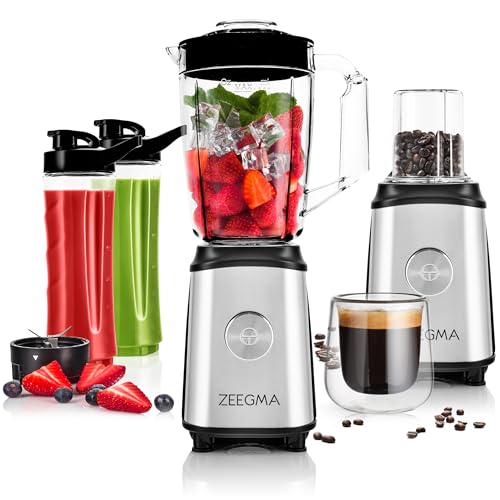 ZEEGMA Multifunktion 4-in-1 Standmixer 1050W mit 1 L Krug, Elektrischer Juicer Blender, Smoothie Maker mit Safe Lock, Kaffeemühle, Kreuzklingen, 2x Klingen-Sätze, 2x 600ml Travel Sportflaschen