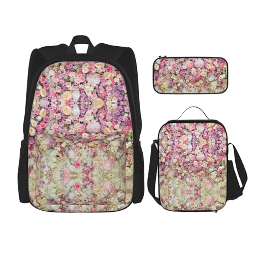 WURTON Rosa Blumen-Druck, verstellbare Schultergurte, Rucksack-Set, Lunchtasche, Federmäppchen, Kombinationstaschen-Set