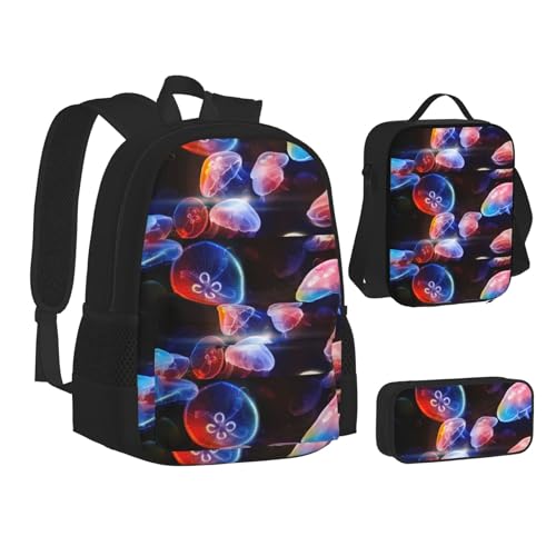 WURTON Lustiges Essen Hot Dogs Print Teenager Büchertasche Mittagessen Tasche Federmäppchen 3 in 1 Schulrucksäcke Set Kinder Rucksack, Bunte Quallen, Einheitsgröße