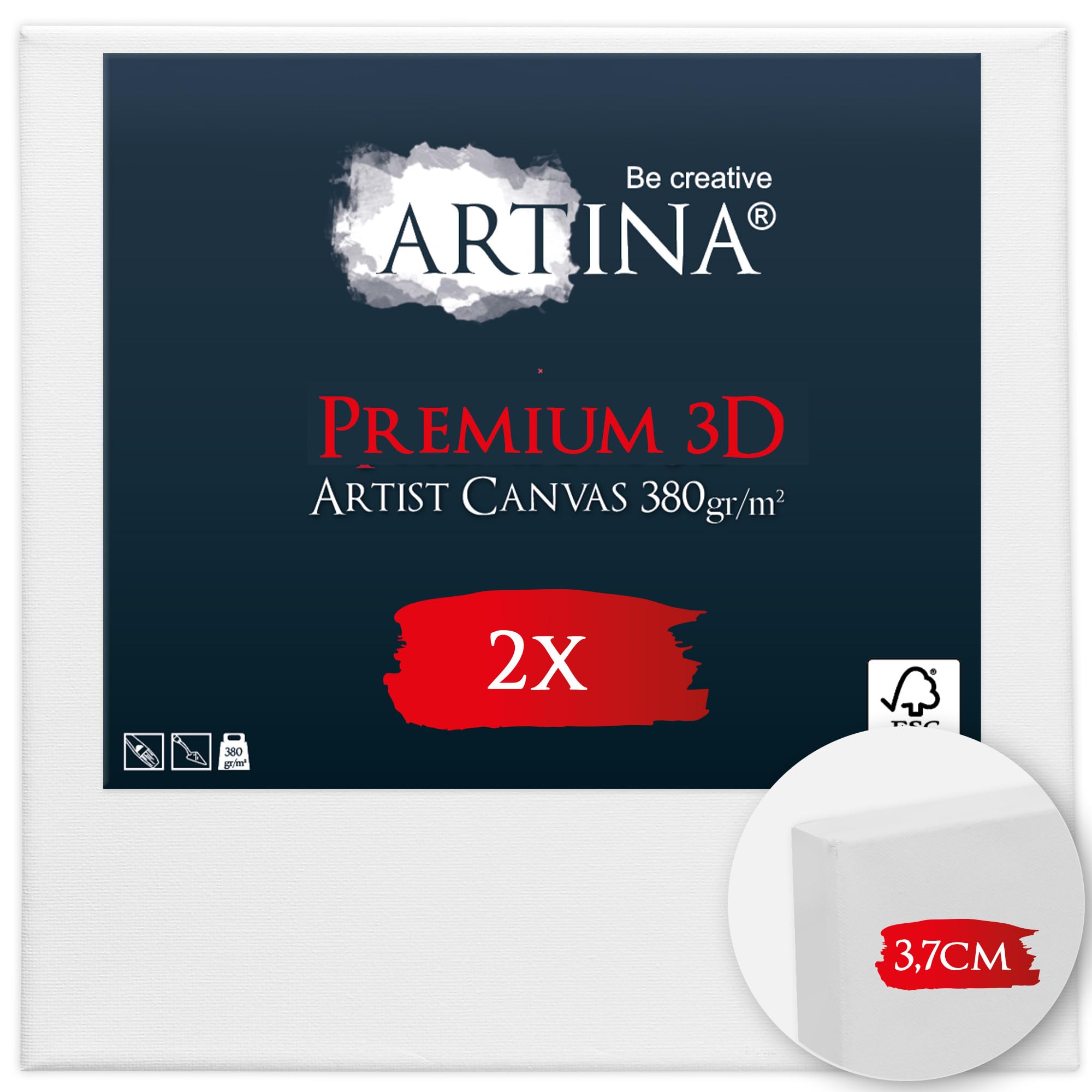 Artina 2er Set 3D Leinwand 40x40cm – Bespannt auf stabilem FSC® Keilrahmen, verzugsfrei, 3-fach weiß vorgrundiert, Premium Qualität, 100% Baumwolle, 380 g/m² – Künstlerbedarf