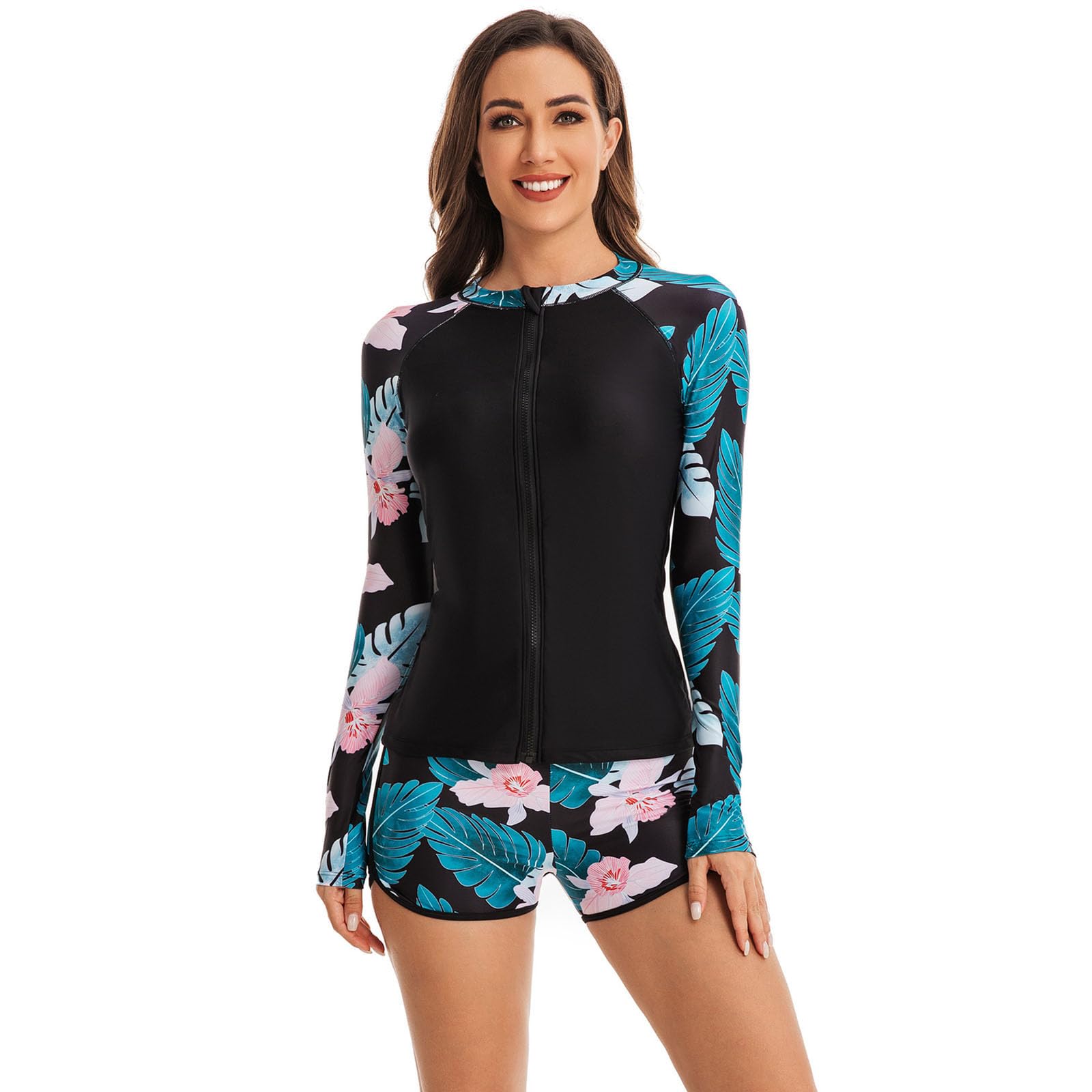 ohodhmnu Tankini-Badeanzug für Damen, Blumenmuster, zweiteilig, Bauchkontrolle, Bademode mit Shorts, Reißverschluss vorne, Tankini-Badeanzug