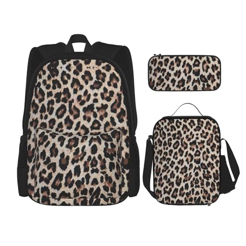 WURTON Rucksack mit Leopardenmuster für Mädchen und Jungen, Schultaschen, Teenager, Lunchbox und Federmäppchen, 3-in-1-Büchertaschen-Set