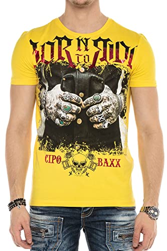 Cipo & Baxx Herren T-Shirt Auffällig Print Rundhals Kurzarm Sommershirt CT542 Weiß M