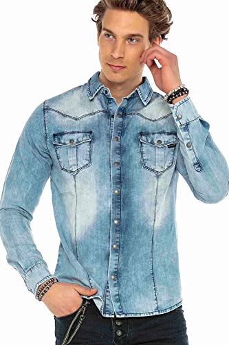 Cipo & Baxx Herren Jeanshemd Denim Hemd Shirt Klassisch Design CH165 Hellblau XXL