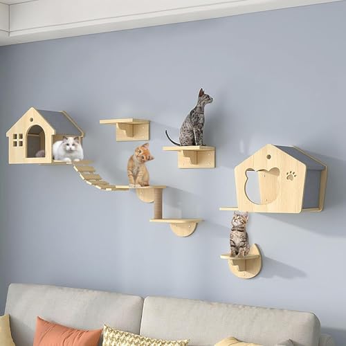 Katzen-Wandregal-Set, Katzen-Wandstange, Ilude-Katzenhaus, Katzenkratzbaum, Katzenleiter, Katzenbrücke, Sprungplattform, verdickte Platte ist langlebig, B3-9 Stück