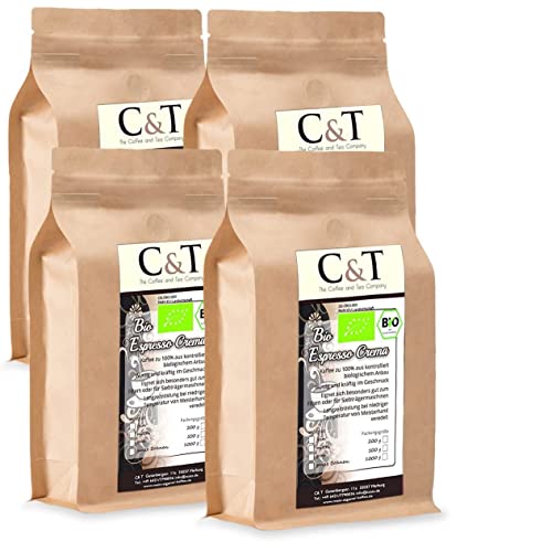 C&T Bio Espresso Crema | Cafe 4 x 1000 g gemahlen Gastro-Sparpack im Kraftpapierbeutel Kaffee für Siebträger, Vollautomaten, Espressokocher