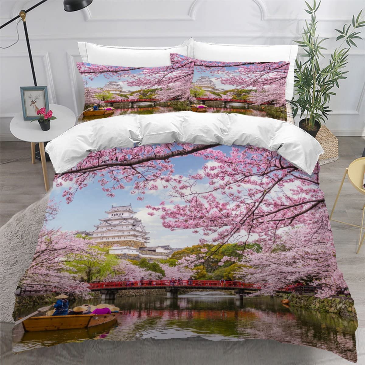 RLYXGS KirschblüTen Bettwäsche 135x200cm 3D Drucken Japan Bettbezug Set für Jungen Mädchen Teens Kinderbettwäsche Mikrofaser Weiche Luxus Bettwaren Raumdekor 3-teiliges +2 Kissenbezug 80x80