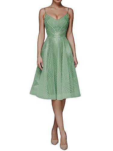 WINDEHAO 2023 Summer Women Fashion V Neck Sling A-Line Dress,Deep V Neck Party Dress,Sexy Halter U Back Evening Dress (Green,S)