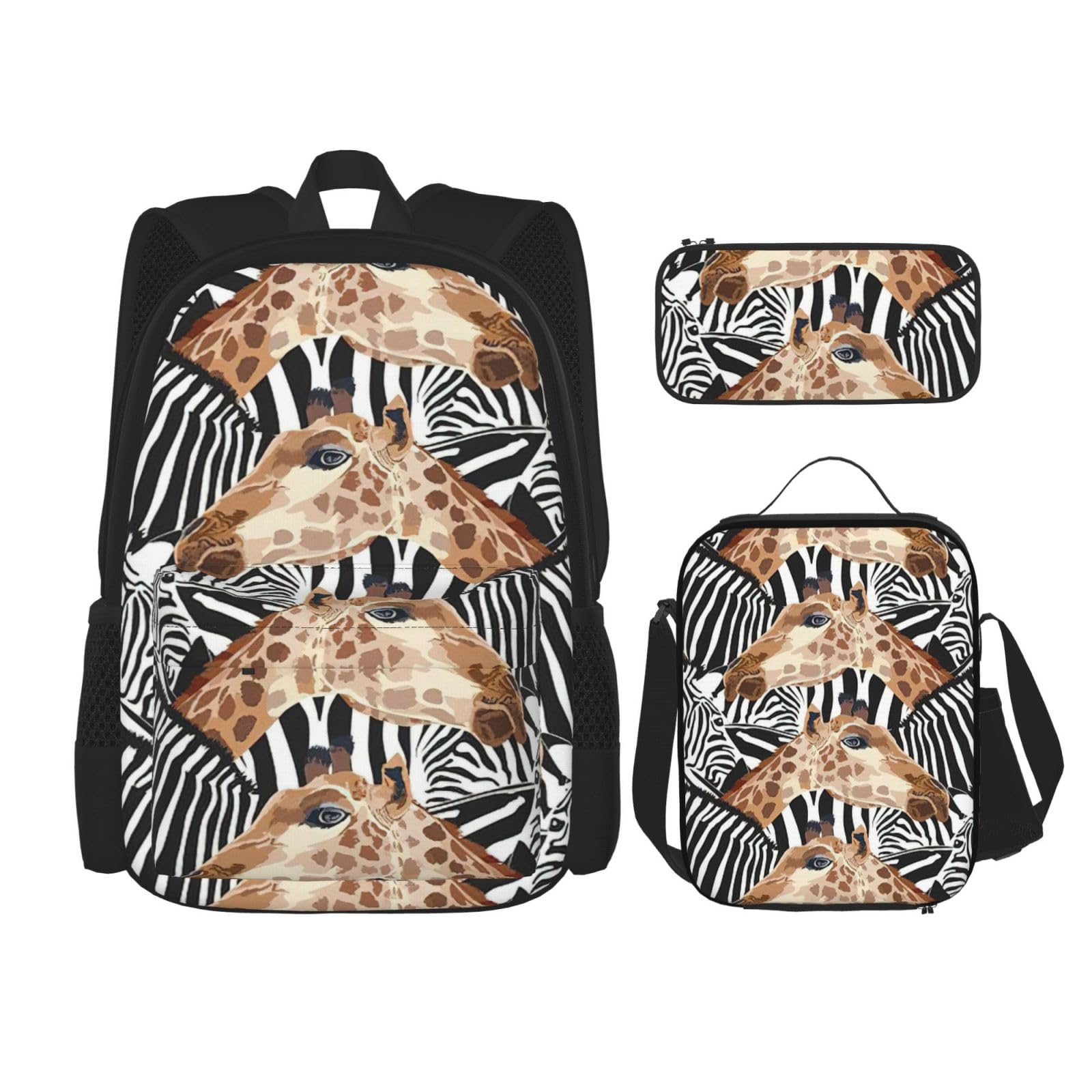 WURTON Rucksack mit Zebra- und Giraffen-Druck, für Mädchen und Jungen, Schultaschen, Teenager, Lunchbox und Federmäppchen, 3-in-1-Büchertaschen-Set