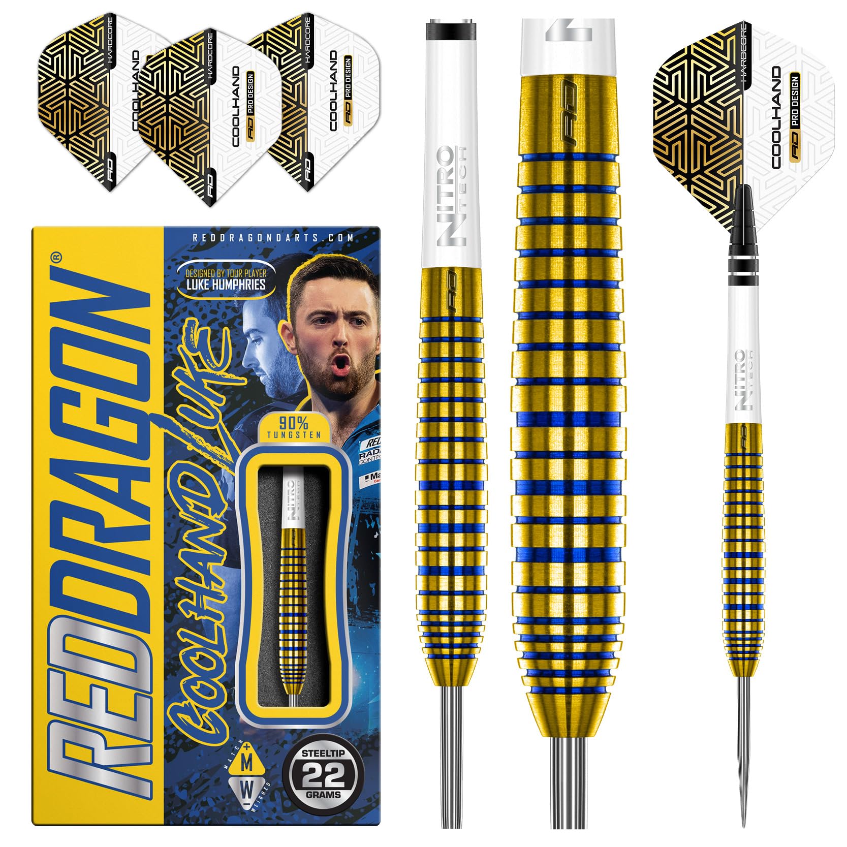 RED DRAGON Luke Humphries TX3 Gold SE 22 Gramm Premium Wolfram Steeltip Dart Set mit Flüge und Schäften