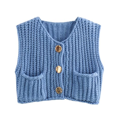 Sweater Vests Women 2024, Women's Button Front V Neck Sleeveless Crochet Solid Checkered Knit Sweater Vest with Pockets (Sea Blue,Small)