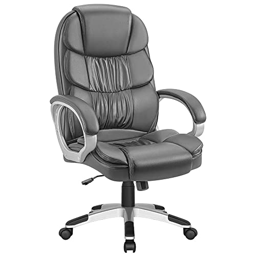 Chefsessel, ergonomischer Bürostuhl in Schwarz, Schreibtischstuhl aus PU-Leder, Computerstuhl mit hoher Rückenlehne und Lordosenstütze, hochklappbare Armlehne, rollender, drehbarer, verstellbarer Ar