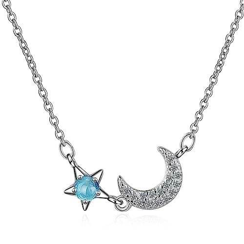 CLLBANT Blauer Stern Zirkonia Mond Schlüsselbeinkette Kurze Halskette für Frauen 925 Sterling Silber Halskette