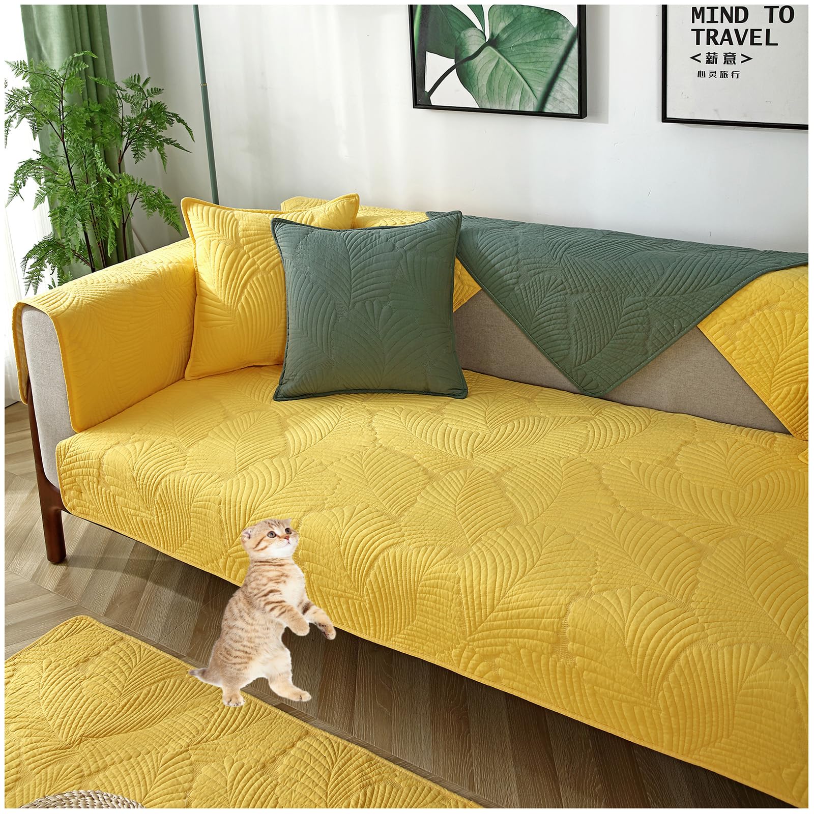 Sofabezug L Form 1 2 3 4 Sitzer Couch Bezug Reine Baumwolle Sofaüberwurf, Waschbar Sofa Überzug Sofaschutz Katze Hund, Anti-rutsch Sofa Überwurf (Gelb,110x210cm)