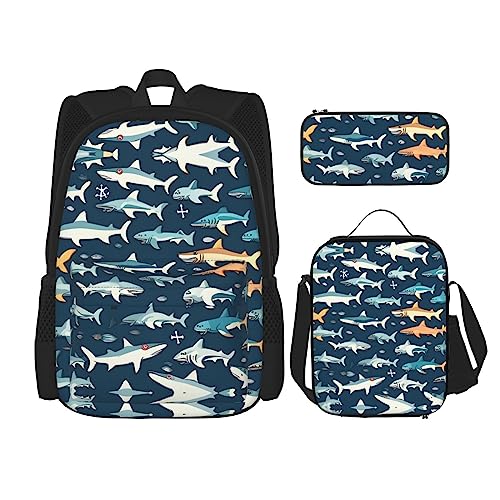 WURTON Sharks Reise-Lunchbox, Federmäppchen, Rucksack-Set, 3-teilig, verstellbare Riemen, leicht, Schwarz , Einheitsgröße