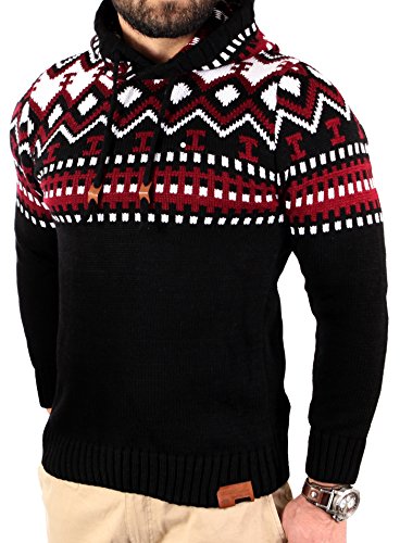 Reslad Herren Grobstrick Pullover Norweger Winter Kapuzenpullover RS-3013 (XL, Schwarz-Rot)