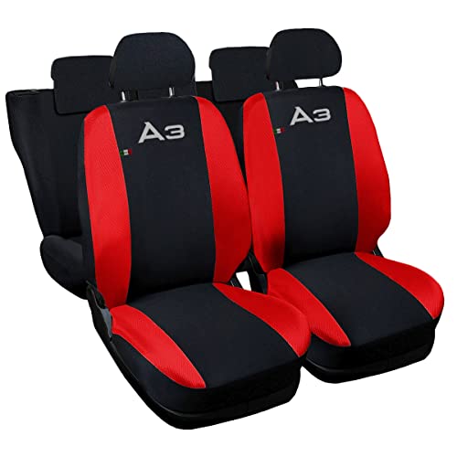 Lupex Shop A3_N.R Autositzbezüge, kompatibel mit A3, Schwarz, Rot, Set für vorne und hinten, gesticktes Logo, Airbag, kompatibel mit Zubehör für den Innenbereich