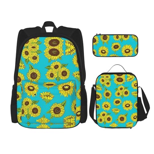 WURTON Schulrucksack-Set mit Sonnenblumen-Muster, 3-in-1, Büchertaschen-Set mit Lunchbox, Federmäppchen, Reise-Laptop-Tagesrucksäcke