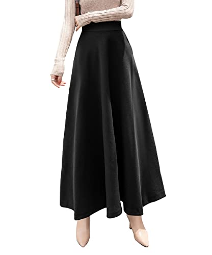 Damen Lang Rock Winter Warm Wollrock Vintage Elegante Gitter Rock Casual Winterrock Elastische Taille A-Linie Midi Rock Hohe Taille Rock Faltenrock Schwarz-XXXL