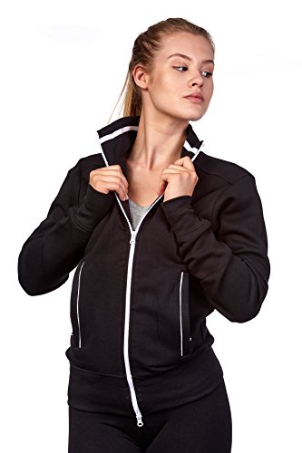 Happy Clothing Damen Sweatjacke mit Reißverschluss und Kragen ohne Kapuze im sportlichen Design, Elegante Jacke aus Baumwolle für Sport und Freizeit, Größe:M, Farbe:Schwarz