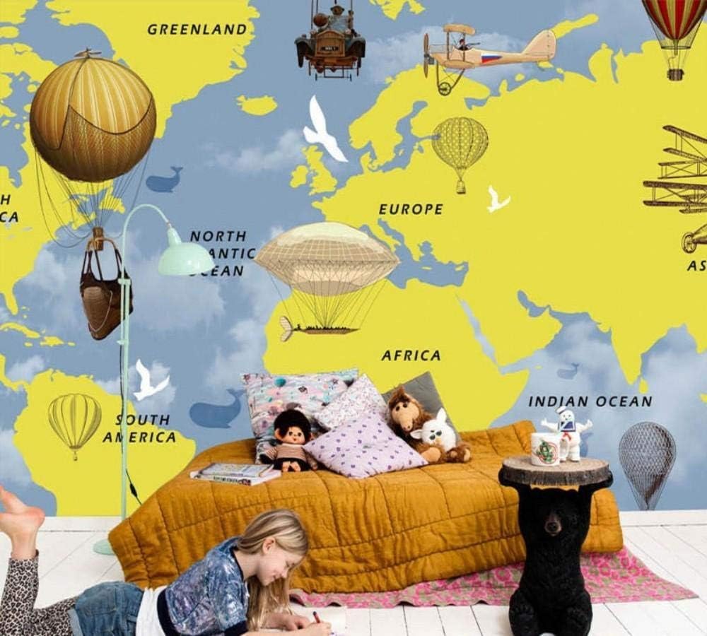 Weltkarte Heißluftballon Flugzeuge 3D Tapete Poster Restaurant Schlafzimmer Wohnzimmer Sofa TV Dekorative Wand-250cm×170cm