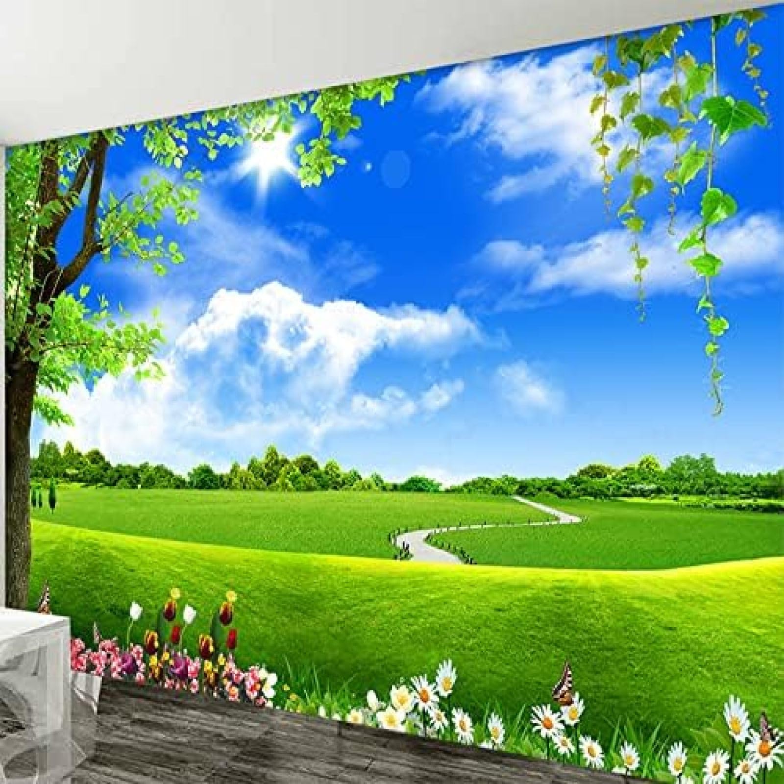 XLMING Blauer Himmel, Weiße Wolken Und Baum-Landschaft 3D Tapete Wohnzimmer Sofa Schlafzimmer Esszimmer Home Dekoration Wand-430cm×300cm