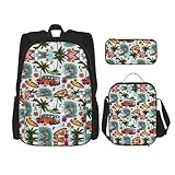 WURTON Hawaiianischer Surfer auf gewelltem Druck, trendige Rucksacktaschen, Lunchbox und Federmäppchen, 3-in-1 verstellbares Rucksack-Set, Schwarz, Einheitsgröße, Schwarz , Einheitsgröße