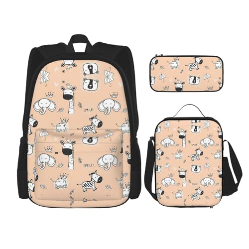 WURTON Niedlicher Rucksack mit Tierdruck, trendige Tasche, Lunchbox und Federmäppchen, 3-in-1, verstellbares Rucksack-Set