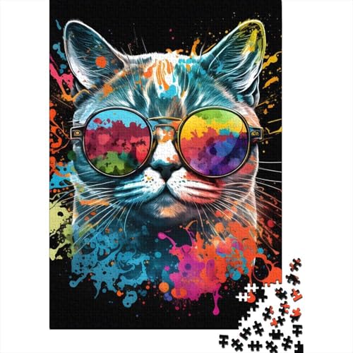 Buntes Holzpuzzle mit Katzen-Tierfarbe für Teenager, 500 Teile, Puzzle für Erwachsene und Teenager, interessantes Puzzle zur Stressreduzierung, 52 x 38 cm