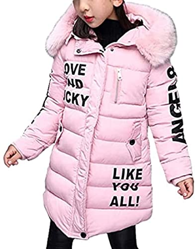 AKAUFENG Mantel Mädchen mit Fellkapuze Lang, Winterjacke Girl mit Pelzmütze Oberbekleidung Kinderjacke (Pink, 160)