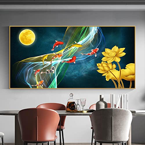 Chinesischer Stil Koi Glückskarpfen Leinwand Gemälde Goldener Fisch Weinglas Restaurant Zimmer Wanddekoration Übergroßes Bild 80x162cm/32x64in Goldener Rahmen