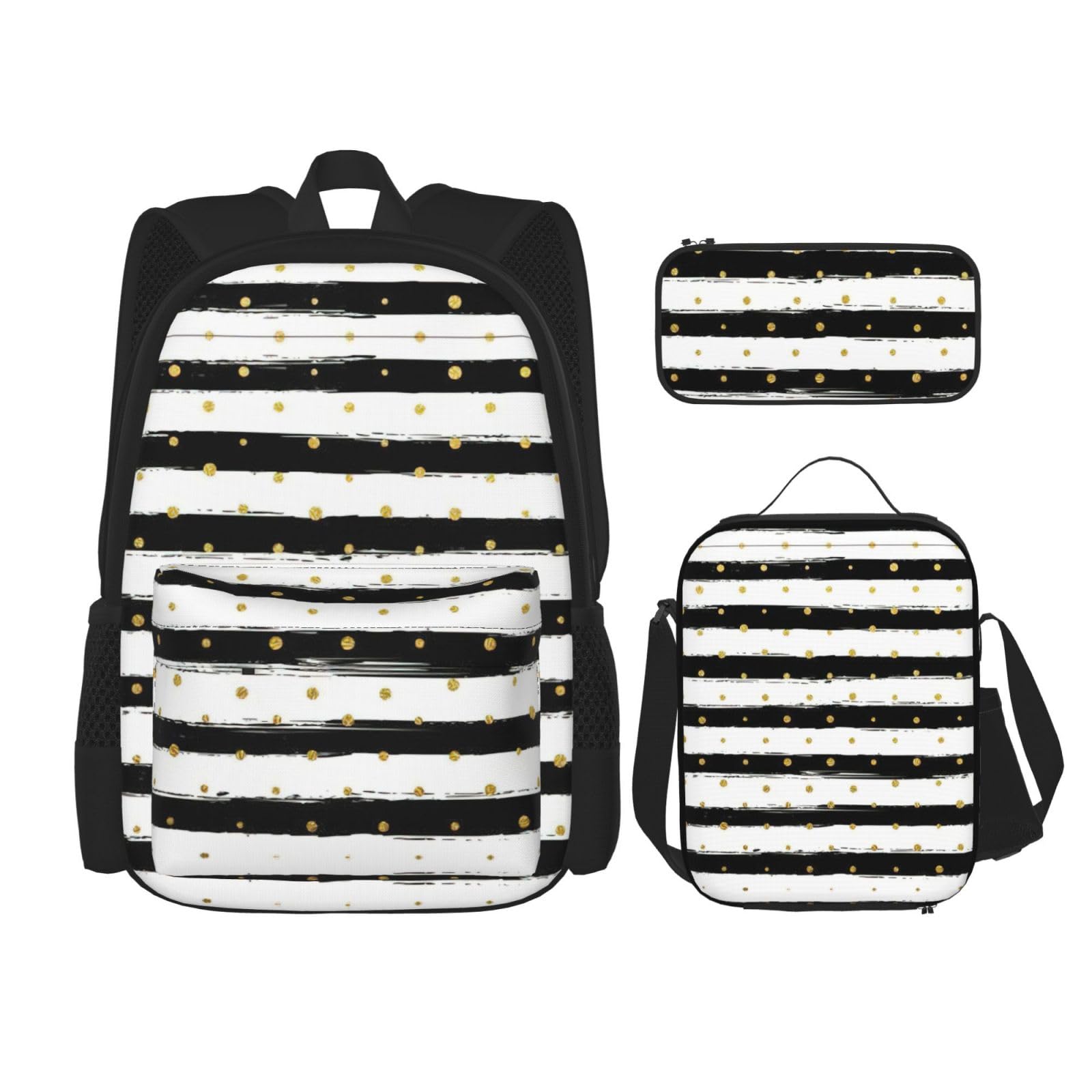 WURTON Trendige Rucksacktaschen, Lunchbox und Federmäppchen, 3-in-1, verstellbares Rucksack-Set mit Tinte und goldfarbenen Punkten