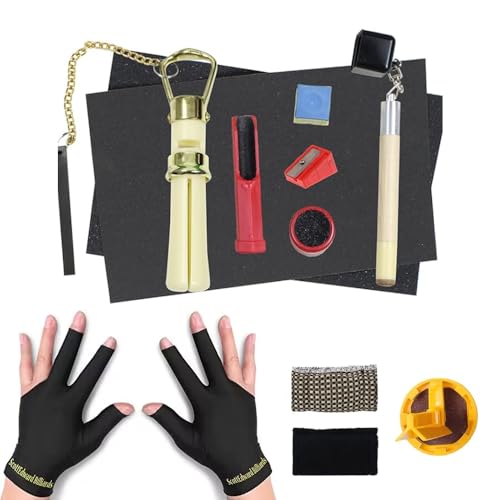 PolyMath Snooker Cue Repair Kit, 10 Pieces Cue Tips, Sanding Tool, 2 Pieces Billiard Gloves, Left and Right Hand, Free