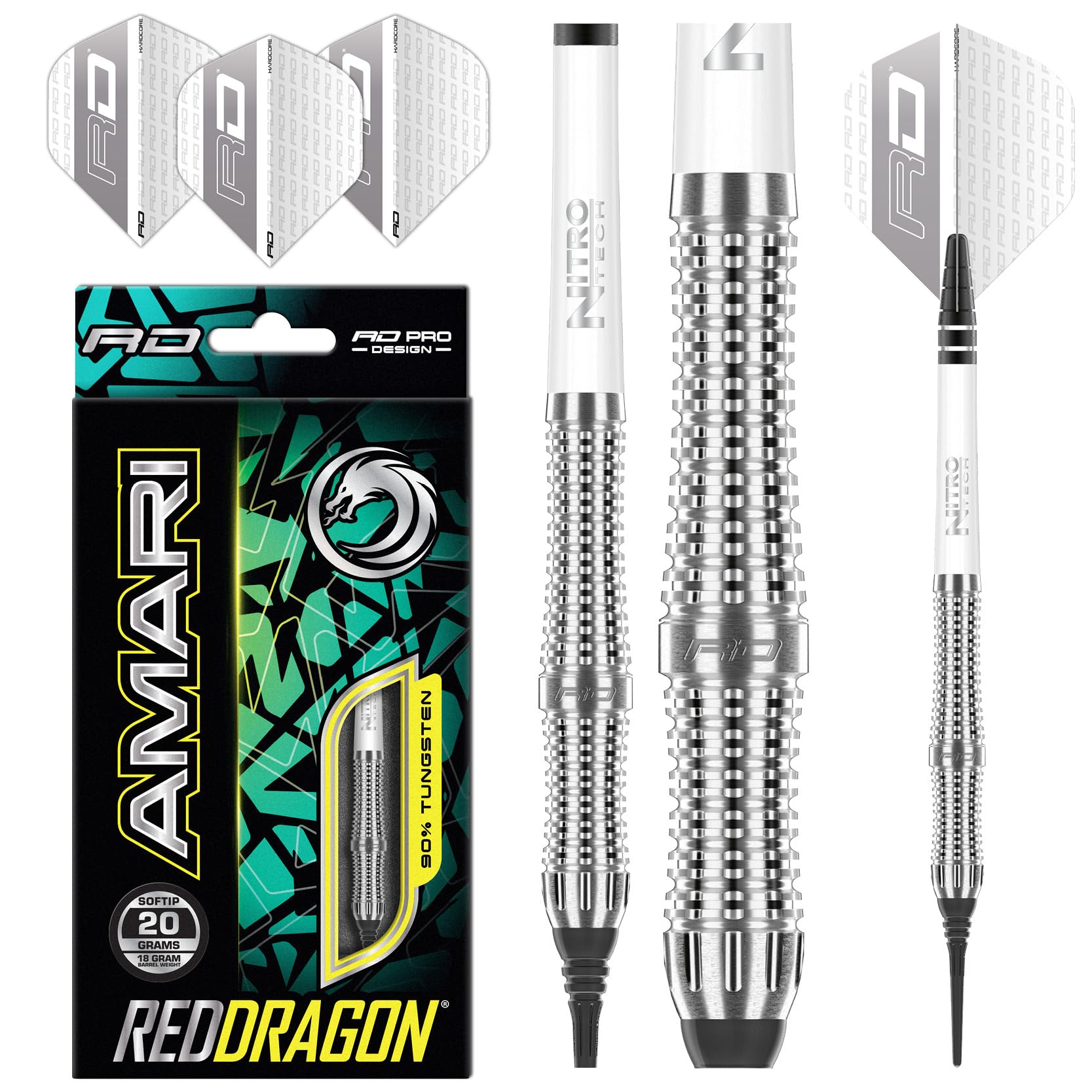 RED DRAGON Amari - 20 gram Tungsten Softip Wolfram Professional Darts Set mit Flights and Nitrotech Shafts (Stems)