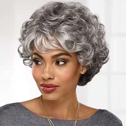 Echthaar-Perücke, kurze Afro-Perücke, gewellt, for schwarze Frauen, kurze lockige Bob-Perücke, Afroamerikaner-Perücken, Alltag, Kleid, Cosplay, Party (Color : Silver)