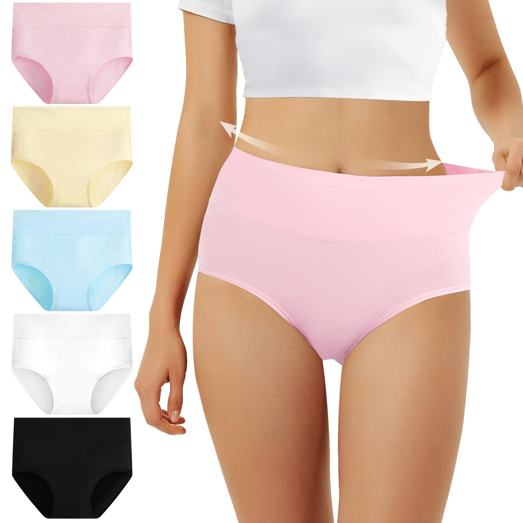 FALARY Unterhosen Damen Baumwolle Hohe Taille 5er Pack Stretch Atmungsaktiv Panties Weich Frauen Unterwäsche L Mehrfarbig-2