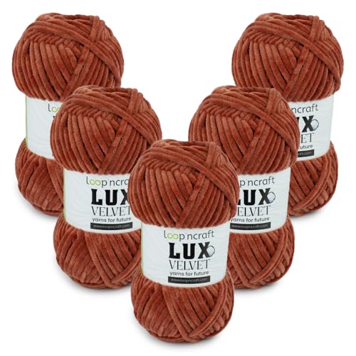 Chenille Wolle 5er-Set, Ziegelrot, Loopncraft, 5 X 100g, Lux Velvet, Super Weiches Samtgarn