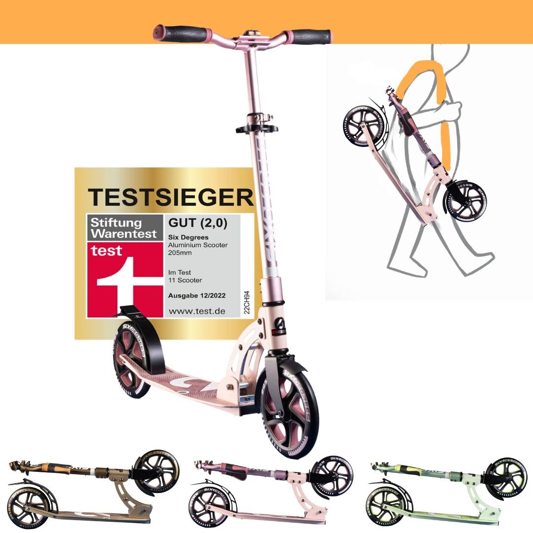 SIX DEGREES Aluminium Scooter mit Klappmechanismus u. Ständer, 205 mm, höhenverstellbarer Cityroller für Kinder und Erwachsene, Roller in Blossom pink, TESTSIEGER