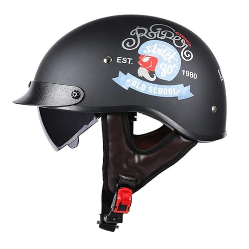 Motorrad-Halbhelm-Baseballkappe Mit ECE-Zertifiziertem Visier, Offener Helm Mit Einziehbarer Schnellverschluss-Schnalle, Unisex J,L59-60CM